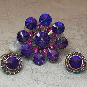 Vintage Heliotrope Rivioli Clip on Earrings and Brooch blue purple Mister Bijoux